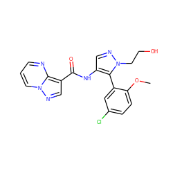 COc1ccc(Cl)cc1-c1c(NC(=O)c2cnn3cccnc23)cnn1CCO ZINC000169061506