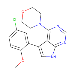 COc1ccc(Cl)cc1-c1c[nH]c2ncnc(N3CCOCC3)c12 ZINC000224862999