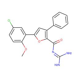 COc1ccc(Cl)cc1-c1cc(-c2ccccc2)c(C(=O)N=C(N)N)o1 ZINC000028822481