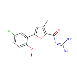 COc1ccc(Cl)cc1-c1cc(C)c(C(=O)N=C(N)N)o1 ZINC000028822450