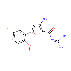 COc1ccc(Cl)cc1-c1cc(N)c(C(=O)N=C(N)N)o1 ZINC000028822441