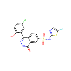 COc1ccc(Cl)cc1-c1n[nH]c(=O)c2cc(S(=O)(=O)Nc3ncc(F)s3)ccc12 ZINC000215520872