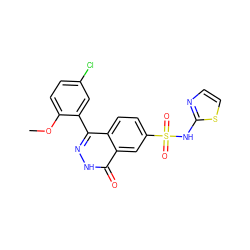 COc1ccc(Cl)cc1-c1n[nH]c(=O)c2cc(S(=O)(=O)Nc3nccs3)ccc12 ZINC000215520460