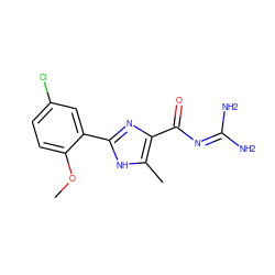 COc1ccc(Cl)cc1-c1nc(C(=O)N=C(N)N)c(C)[nH]1 ZINC000040423426