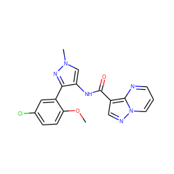 COc1ccc(Cl)cc1-c1nn(C)cc1NC(=O)c1cnn2cccnc12 ZINC000095574031
