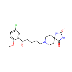 COc1ccc(Cl)cc1C(=O)CCCCN1CCC2(CC1)NC(=O)NC2=O ZINC000026646860