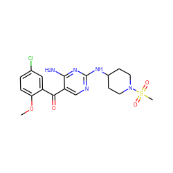 COc1ccc(Cl)cc1C(=O)c1cnc(NC2CCN(S(C)(=O)=O)CC2)nc1N ZINC000014950269