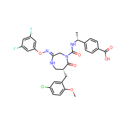 COc1ccc(Cl)cc1C[C@@H]1CN/C(=N\Oc2cc(F)cc(F)c2)CN(C(=O)N[C@H](C)c2ccc(C(=O)O)cc2)C1=O ZINC000169707575