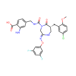 COc1ccc(Cl)cc1C[C@@H]1CN/C(=N\Oc2cc(F)cc(F)c2)CN(C(=O)NCc2ccc(C(=O)O)c(N)c2)C1=O ZINC000169707599