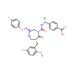 COc1ccc(Cl)cc1C[C@@H]1CN/C(=N\Oc2ccc(F)cc2)CN(C(=O)N[C@H](C)c2ccc(C(=O)O)cc2)C1=O ZINC000169707573