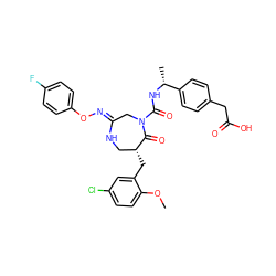 COc1ccc(Cl)cc1C[C@@H]1CN/C(=N\Oc2ccc(F)cc2)CN(C(=O)N[C@H](C)c2ccc(CC(=O)O)cc2)C1=O ZINC000169707587