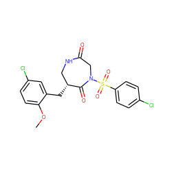 COc1ccc(Cl)cc1C[C@@H]1CNC(=O)CN(S(=O)(=O)c2ccc(Cl)cc2)C1=O ZINC000028894300