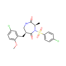 COc1ccc(Cl)cc1C[C@H]1CNC(=O)[C@@H](C)N(S(=O)(=O)c2ccc(Cl)cc2)C1=O ZINC000115437424