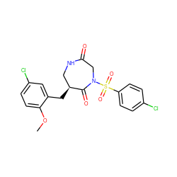 COc1ccc(Cl)cc1C[C@H]1CNC(=O)CN(S(=O)(=O)c2ccc(Cl)cc2)C1=O ZINC000028894305