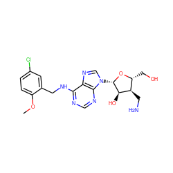 COc1ccc(Cl)cc1CNc1ncnc2c1ncn2[C@@H]1O[C@H](CO)[C@@H](CN)[C@H]1O ZINC000013686315