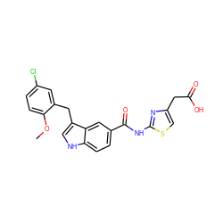 COc1ccc(Cl)cc1Cc1c[nH]c2ccc(C(=O)Nc3nc(CC(=O)O)cs3)cc12 ZINC000299857595