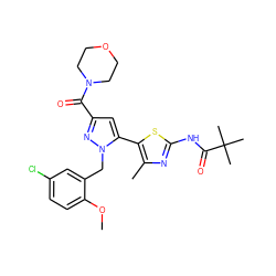 COc1ccc(Cl)cc1Cn1nc(C(=O)N2CCOCC2)cc1-c1sc(NC(=O)C(C)(C)C)nc1C ZINC000049793273