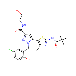 COc1ccc(Cl)cc1Cn1nc(C(=O)NCCO)cc1-c1sc(NC(=O)C(C)(C)C)nc1C ZINC000049088192