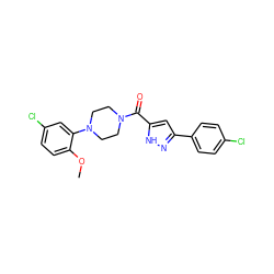 COc1ccc(Cl)cc1N1CCN(C(=O)c2cc(-c3ccc(Cl)cc3)n[nH]2)CC1 ZINC000071318584