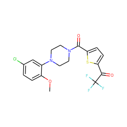 COc1ccc(Cl)cc1N1CCN(C(=O)c2ccc(C(=O)C(F)(F)F)s2)CC1 ZINC000042887402