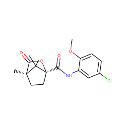 COc1ccc(Cl)cc1NC(=O)[C@@]12CC[C@@](C)(C(=O)O1)C2(C)C ZINC000004820507