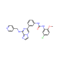 COc1ccc(Cl)cc1NC(=O)Nc1cccc(-c2cn3ccnc3c(NCc3ccncc3)n2)c1 ZINC000035873616