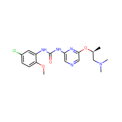 COc1ccc(Cl)cc1NC(=O)Nc1cncc(O[C@@H](C)CN(C)C)n1 ZINC000014958152