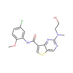 COc1ccc(Cl)cc1NC(=O)c1csc2cnc(N(C)CCO)nc12 ZINC000113654754