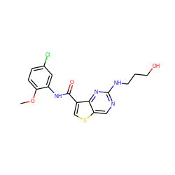 COc1ccc(Cl)cc1NC(=O)c1csc2cnc(NCCCO)nc12 ZINC000113652073