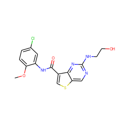 COc1ccc(Cl)cc1NC(=O)c1csc2cnc(NCCO)nc12 ZINC000113651463