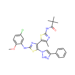 COc1ccc(Cl)cc1Nc1nc(-c2sc(NC(=O)C(C)(C)C)nc2C)c(-n2cc(-c3ccccc3)nn2)s1 ZINC000084671817