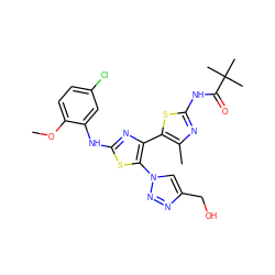 COc1ccc(Cl)cc1Nc1nc(-c2sc(NC(=O)C(C)(C)C)nc2C)c(-n2cc(CO)nn2)s1 ZINC000084688821