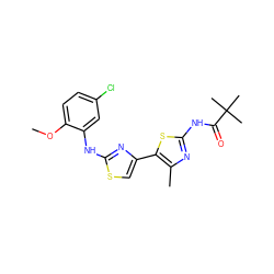 COc1ccc(Cl)cc1Nc1nc(-c2sc(NC(=O)C(C)(C)C)nc2C)cs1 ZINC000008666555