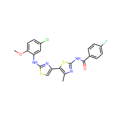 COc1ccc(Cl)cc1Nc1nc(-c2sc(NC(=O)c3ccc(F)cc3)nc2C)cs1 ZINC000082149627