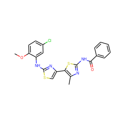 COc1ccc(Cl)cc1Nc1nc(-c2sc(NC(=O)c3ccccc3)nc2C)cs1 ZINC000000888741