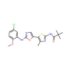 COc1ccc(Cl)cc1Nc1ncc(-c2sc(NC(=O)C(C)(C)C)nc2C)o1 ZINC000299840817