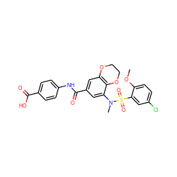 COc1ccc(Cl)cc1S(=O)(=O)N(C)c1cc(C(=O)Nc2ccc(C(=O)O)cc2)cc2c1OCCO2 ZINC000299854569