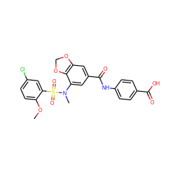 COc1ccc(Cl)cc1S(=O)(=O)N(C)c1cc(C(=O)Nc2ccc(C(=O)O)cc2)cc2c1OCO2 ZINC000299858081