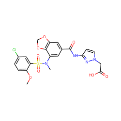 COc1ccc(Cl)cc1S(=O)(=O)N(C)c1cc(C(=O)Nc2ccn(CC(=O)O)n2)cc2c1OCO2 ZINC000299856567