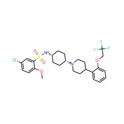 COc1ccc(Cl)cc1S(=O)(=O)N[C@H]1CC[C@@H](N2CCC(c3ccccc3OCC(F)(F)F)CC2)CC1 ZINC000101132130