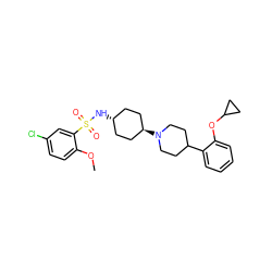 COc1ccc(Cl)cc1S(=O)(=O)N[C@H]1CC[C@H](N2CCC(c3ccccc3OC3CC3)CC2)CC1 ZINC000101132110