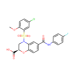 COc1ccc(Cl)cc1S(=O)(=O)N1C[C@H](C(=O)O)Oc2ccc(C(=O)Nc3ccc(F)cc3)cc21 ZINC000114514617