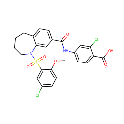 COc1ccc(Cl)cc1S(=O)(=O)N1CCCCc2ccc(C(=O)Nc3ccc(C(=O)O)c(Cl)c3)cc21 ZINC000059716522