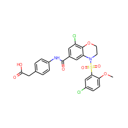 COc1ccc(Cl)cc1S(=O)(=O)N1CCOc2c(Cl)cc(C(=O)Nc3ccc(CC(=O)O)cc3)cc21 ZINC000299859080