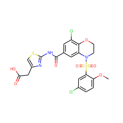 COc1ccc(Cl)cc1S(=O)(=O)N1CCOc2c(Cl)cc(C(=O)Nc3nc(CC(=O)O)cs3)cc21 ZINC000299855458