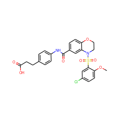COc1ccc(Cl)cc1S(=O)(=O)N1CCOc2ccc(C(=O)Nc3ccc(CCC(=O)O)cc3)cc21 ZINC000114516947