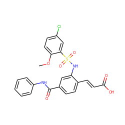 COc1ccc(Cl)cc1S(=O)(=O)Nc1cc(C(=O)Nc2ccccc2)ccc1/C=C/C(=O)O ZINC000299855751