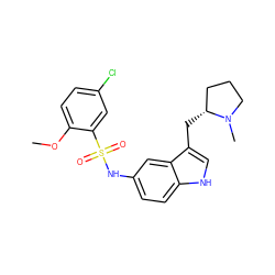 COc1ccc(Cl)cc1S(=O)(=O)Nc1ccc2[nH]cc(C[C@@H]3CCCN3C)c2c1 ZINC000013607609