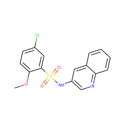 COc1ccc(Cl)cc1S(=O)(=O)Nc1cnc2ccccc2c1 ZINC000006706918