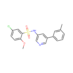 COc1ccc(Cl)cc1S(=O)(=O)Nc1cncc(-c2cccc(C)c2)c1 ZINC000200004187